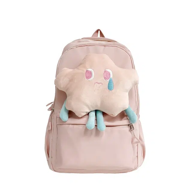 行途 可爱星星日系百搭大容量书包高中大学生校园小众旅行背包 复合布 双肩包 女款 粉色/米白色/米黄色