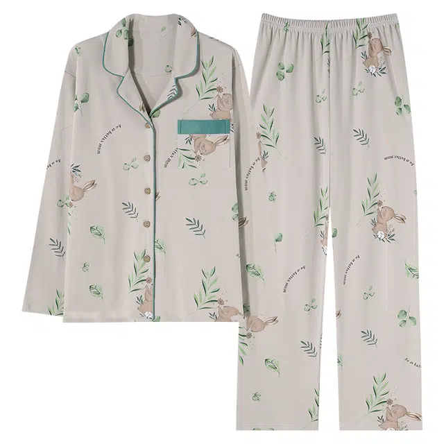 莫代尔 柔软亲肤翻领舒适长袖长裤韩版甜美家居服可外穿睡衣套装 女款 银色