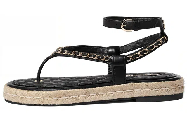 CHANEL Lambskin Metal Buckle Sandals Black