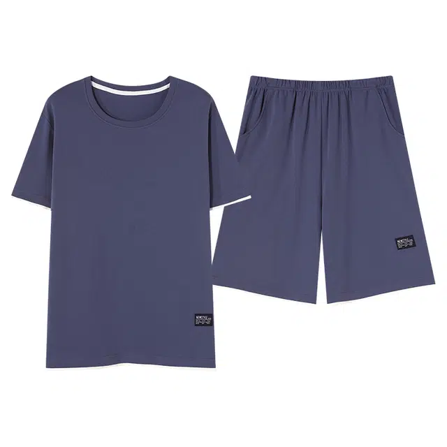 歌倩雅 圆领套头短袖大码五分裤睡衣套装 男款 藏青色