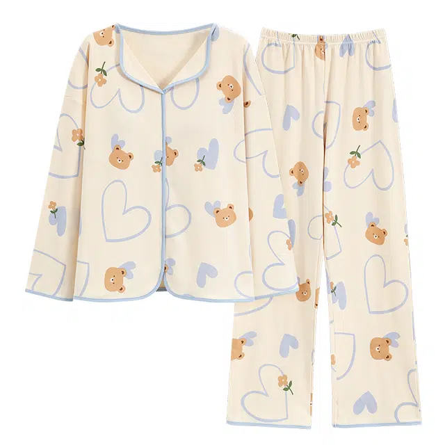 袋鼠 活力亲肤甜美长袖上衣中腰宽松长裤睡衣套装 女款 花色