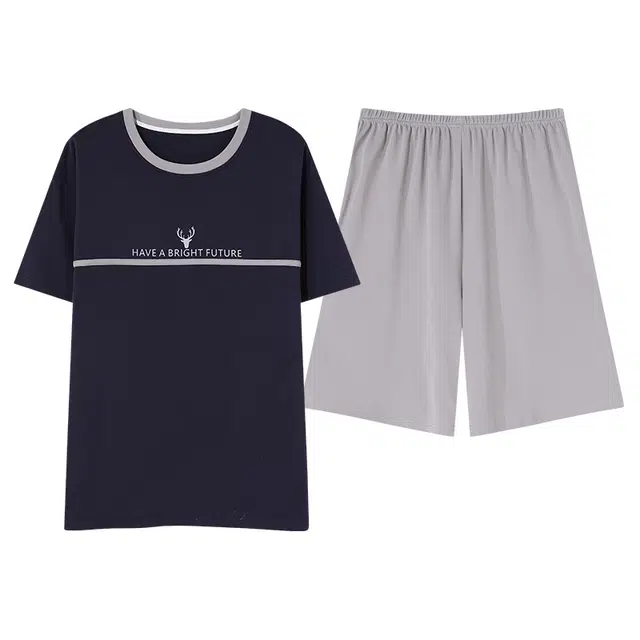 歌倩雅 字母印花纯棉薄款短袖短裤睡衣套装 男款