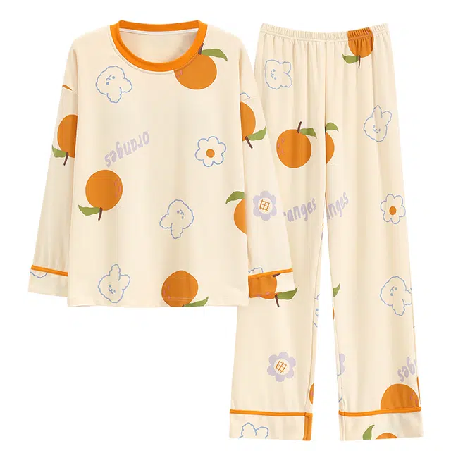 袋鼠 亲肤舒适清爽活力简约微弹青春轻盈柔软韩版宽松甜美透气带胸垫免穿文胸长袖长裤家居服可外穿睡衣套装 女款 杏色