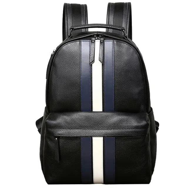 老人头 经典欧美风蓝白条纹大容量出差旅游 牛皮 双肩包 常规 男款 黑色