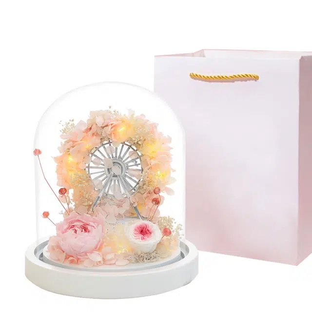 简普森 永生花玻璃罩保鲜玫瑰花 室内摩天轮夜灯 玩具