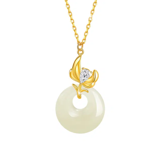 妈妈的礼物 萱草花平安扣 新中式高级感优雅气质精致植物花卉 和田玉 项链 女款 白玉/青白玉