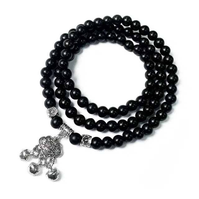 九隆古 长命百岁平安锁 国潮新中式平安扣吊坠 复古小众三圈叠戴文玩佛珠念珠 檀木 木作手串 男女同款情侣款 黑檀