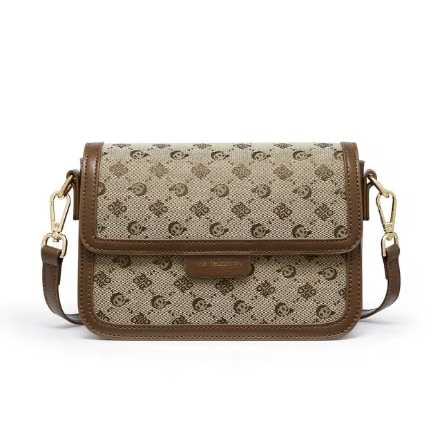 红蜻蜓 时尚小众百搭潮流高级感印花休闲感 织物拼超细纤维合成革 斜挎包 女款 咖啡色