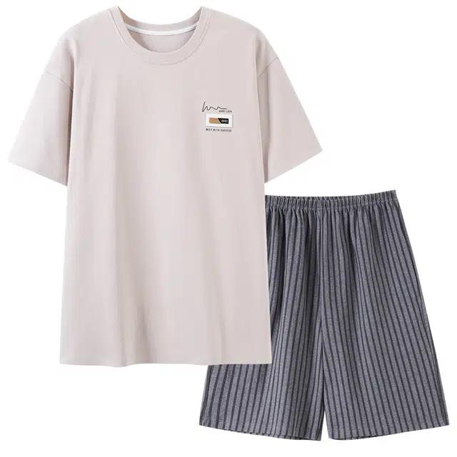 歌倩雅 薄款休闲舒适短袖五分裤可外穿睡衣套装 男款 图色