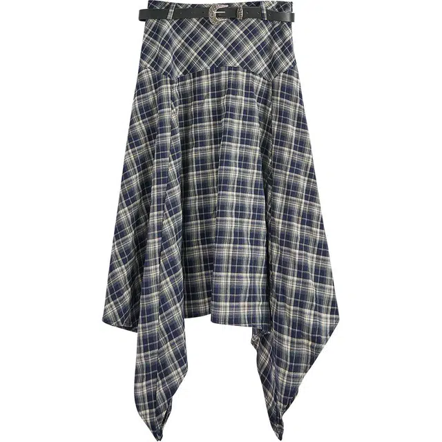 爱依服 格子中腰不规则设计休闲长裙 女款 蓝白格