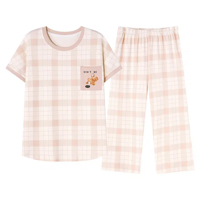 歌倩雅 舒适透气短袖七分裤休闲睡衣套装 女款 杏色