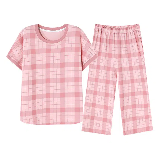 歌倩雅 休闲简约舒适透气短袖七分裤睡衣套装 女款 粉色