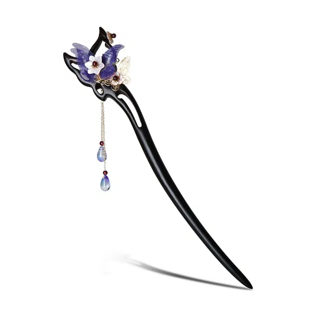 凤凰涅磐 潋艳 古风中式复古步摇蝴蝶花朵流苏琉璃簪子 女朋友 纪念日礼盒 黑檀 发簪 女款