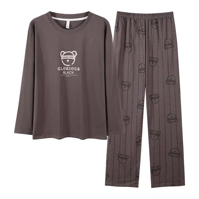 睦隆世家 舒适亲肤卡通时尚长袖韩版长裤家居服可外穿睡衣套装 男款 咖啡色