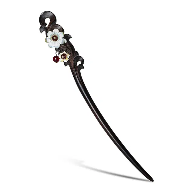 凤凰涅磐 晚渡古风新中式复古杏花朵 木作 发簪 女款 黑檀