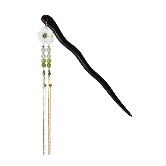 凤凰涅磐 风满林古风新中式复古白桃花葡萄石 黑檀木 发簪 女款 黑檀