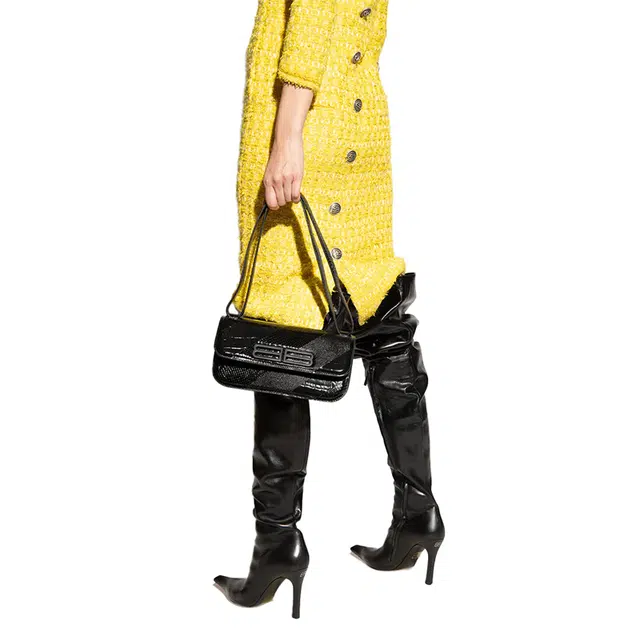 Balenciaga BB Croc Embossed Shoulder Bag Black