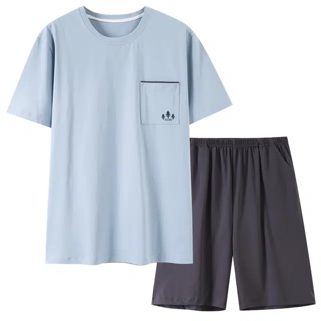 歌倩雅 纯色圆领套头短袖短裤睡衣套装 男款 蓝色
