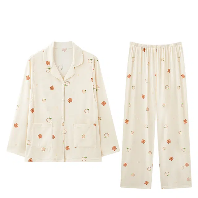 欧迪芬 冰丝凉感透气舒适长袖长裤睡衣套装 女款 乳白色