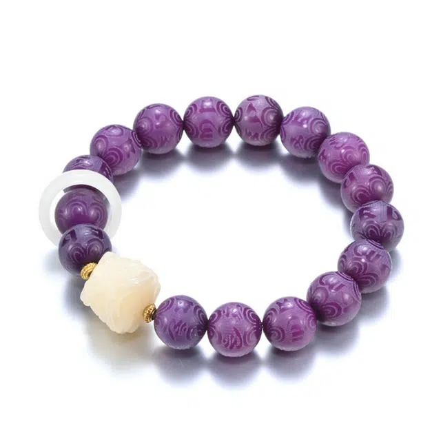 凯真 国潮新中式雕刻六字箴言醒狮开运跑环 转运纳福招财上岸考研文玩盘串紫色款 白玉菩提 手串 男女同款情侣款 礼盒装