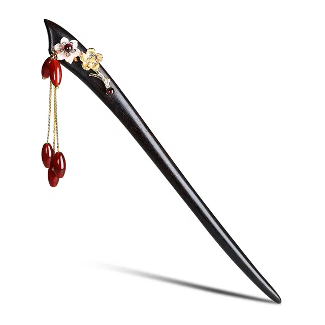 凤凰涅磐 幽姿黑檀木新中式发簪精致小众红玛瑙步摇流苏木簪粉贝壳桃花国风梅花朵簪子 黑檀木 发簪 女款 黑檀