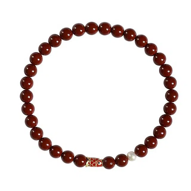 陌阡雪 锦鲤上岸 草莓晶再造辰砂朱砂串珠转运好运步步高升上岸 水晶 手串 女款