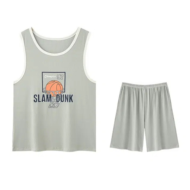 欧迪芬 凉感透气舒适凉爽运动休闲无袖上衣五分裤睡衣套装 男款 浅绿色