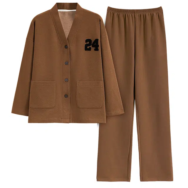 莫代尔 厚款柔软细腻舒适保暖耐磨亲肤开衫长袖不勒腹长裤可居家休闲可外穿睡衣套装 女款 深棕色