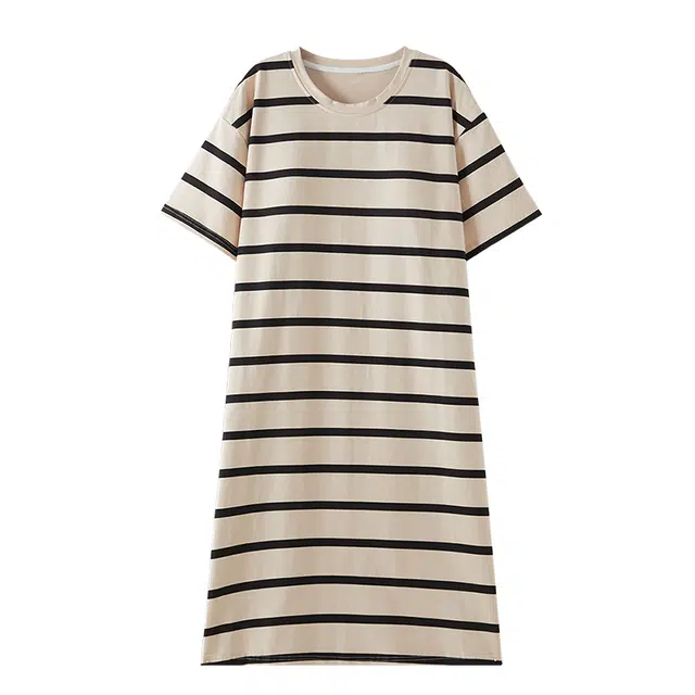 草本初色 带胸垫圆领短袖简约条纹睡裙 女款 卡其色