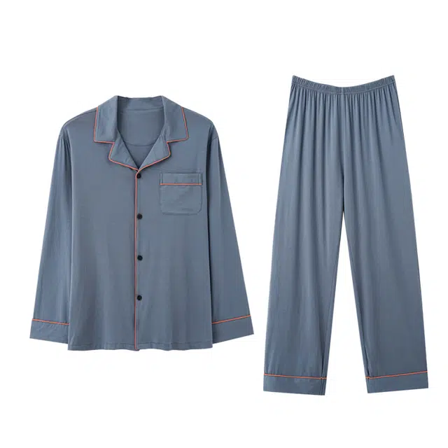 俏霓桐 翻领简约舒适长袖上衣松紧腰长裤睡衣套装 男款 蓝色