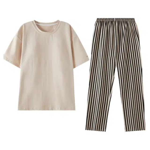 草本初色 休闲条纹舒适短袖长裤睡衣套装 男款 图色