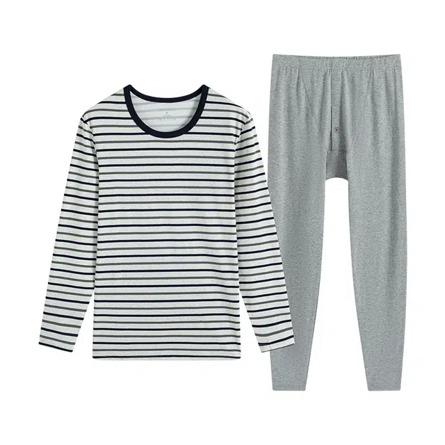 贴身领域 纯棉青少年秋衣条纹薄款可外穿长袖长裤内衣保暖套装 男款
