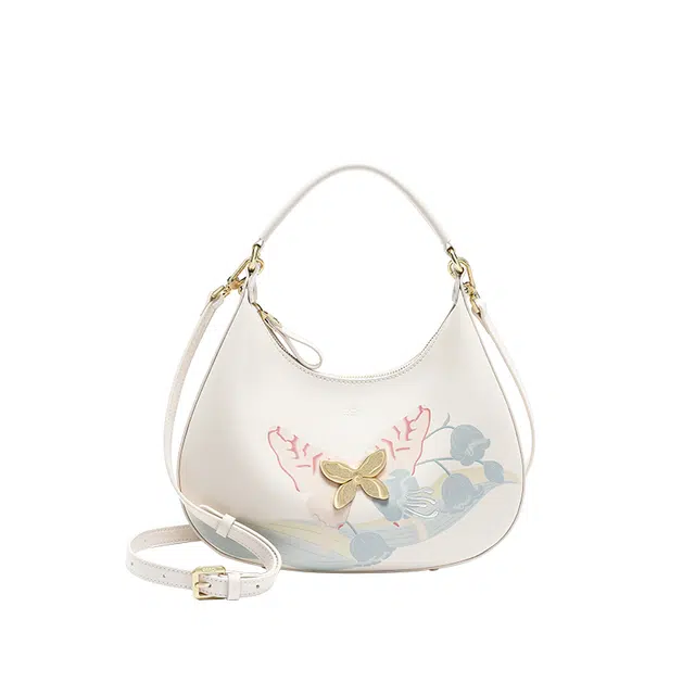 古伊西 昳于铃兰新中式福袋包 中国风印花工艺 蝴蝶五金元素 牛皮 单肩包 中号 女款 米白