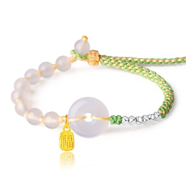 东方佳人 福牌平安扣端午五彩绳碎银几两新中式轻奢小众复古薄荷曼波手绳中国风女友精致设计感百搭首饰品 玛瑙 玉石手链 女款
