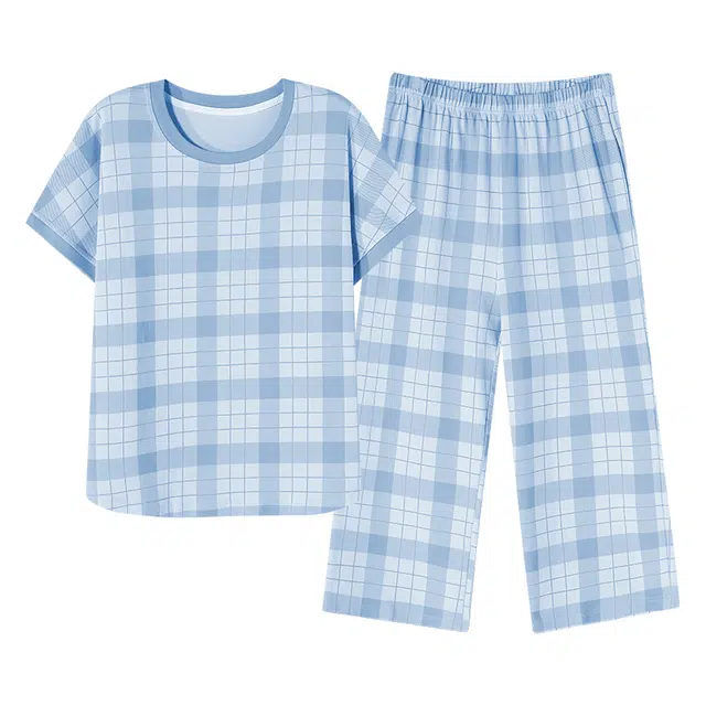 歌倩雅 圆领套头短袖格子七分裤可外穿睡衣套装 女款 蓝色