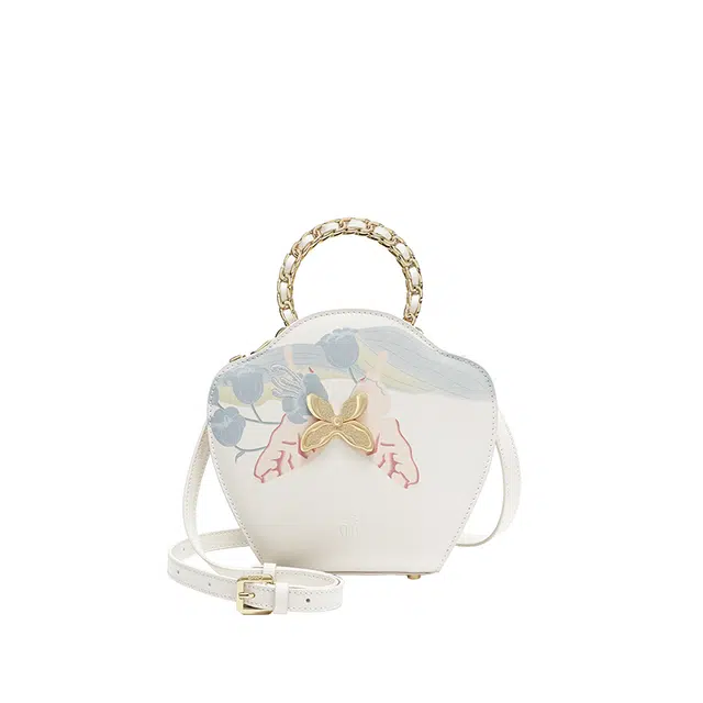 古伊西 昳于铃兰新中式花瓣中国风印花工艺 蝴蝶五金 牛皮 手提包 小号 女款 米白