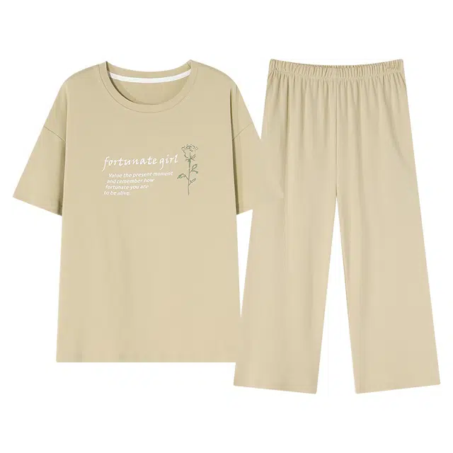 歌倩雅 纯色休闲舒适短袖七分袖可外穿睡衣套装 女款 图色