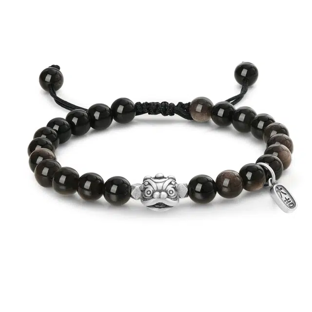 中国黄金 珍·尚银 新中式醒狮手编绳 “狮狮如意”国潮小众设计 简约百搭复古名族风 玉髓 玉石手链 男女同款情侣款 礼盒