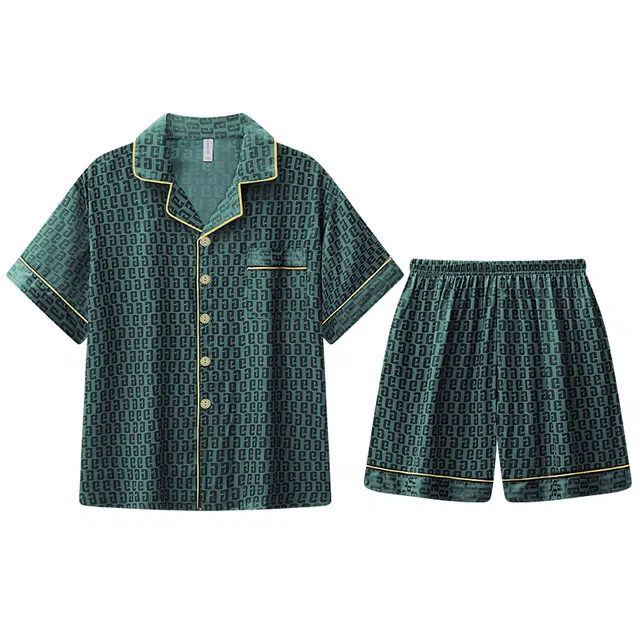 俏霓桐 简约亲肤舒适翻领开衫短袖休闲时尚可外穿五分裤睡衣套装 男款 墨绿
