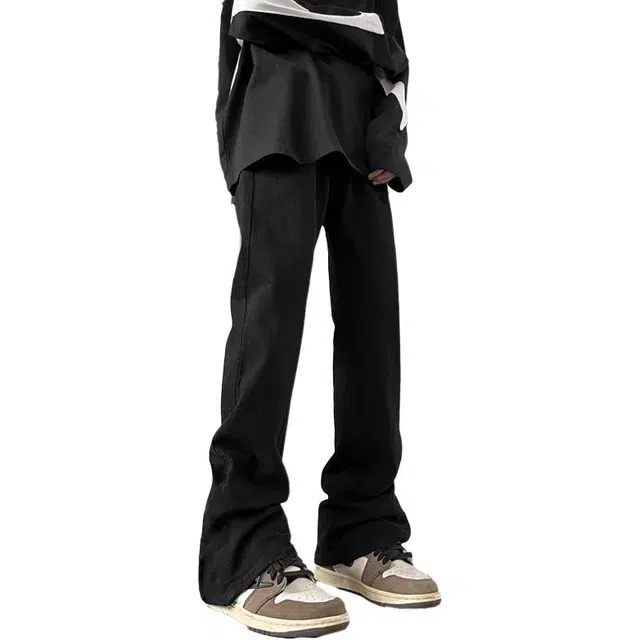 八哥 美式高街极简弯刀风基础经典款纯色宽松阔腿垂感百搭透气轻水洗做旧弹力复古黄泥色微喇牛仔裤 男女同款