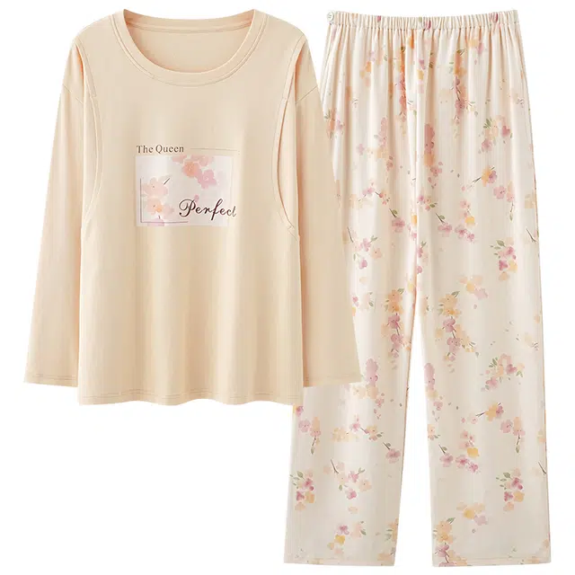 莫代尔 亲肤舒适柔软带胸垫防凸点双侧哺乳口上衣透气轻盈细腻丝滑可调节裤腰长裤可居家休闲可外穿睡衣套装 女款 小麦色