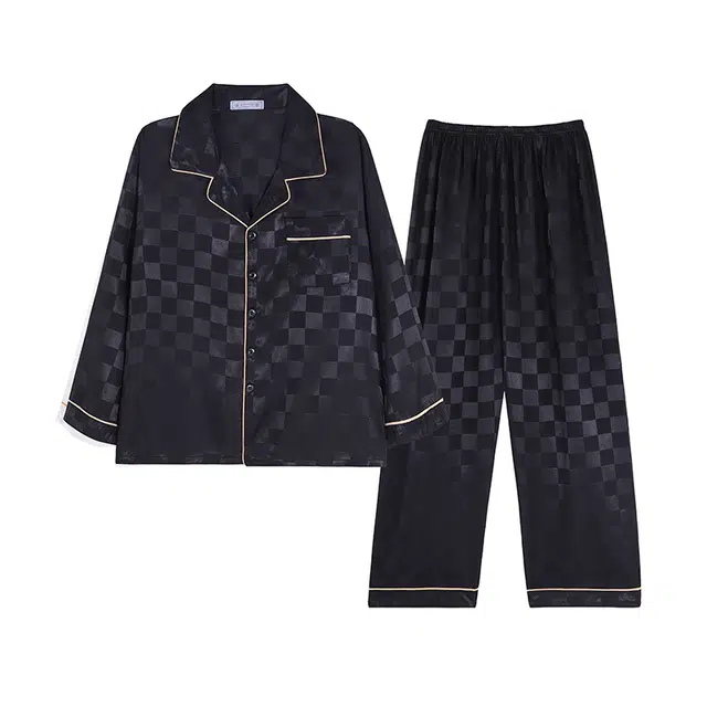 俏霓桐 简约凉感亲肤舒适翻领长袖休闲可外穿长裤睡衣套装 男款 格子黑