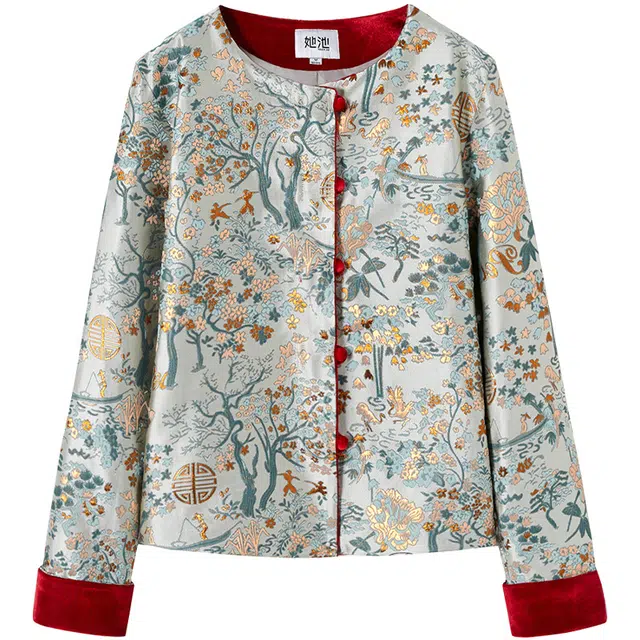 她池 新中式复古提花圆领宽松长袖夹克外套 女款 青色