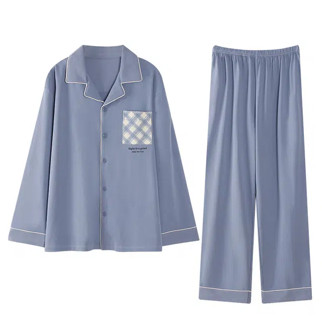 俏薇妮 简约格子翻领长袖开衫休闲长裤凉感舒适可外穿睡衣套装 男款 天蓝色