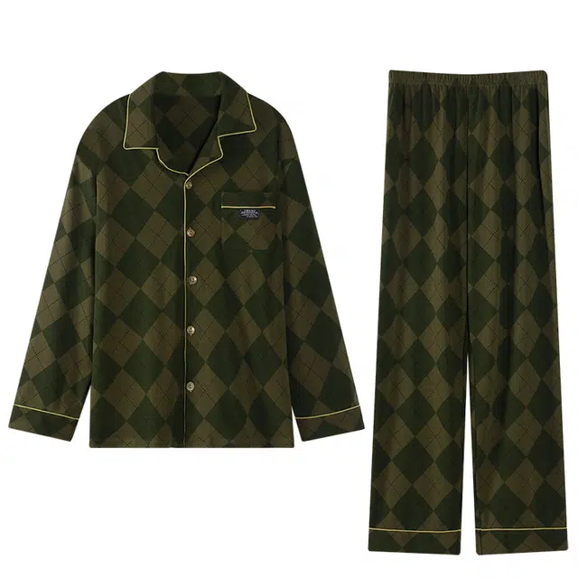 俏薇妮 简约格子翻领开衫家居服休闲凉感舒适长袖长裤可外穿睡衣套装 男款 图色