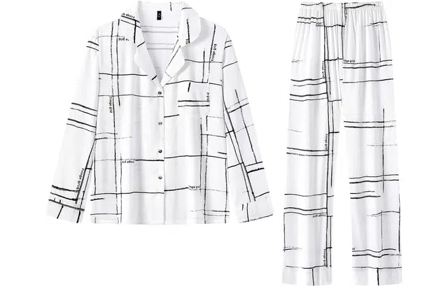 宫蝶 柔软冰丝长袖薄款家居服休闲可外穿开衫几何风满印睡衣套装 女款 白色