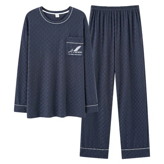 俏霓桐 简约透气休闲宽松长袖圆领可外穿睡衣套装 男款 藏青