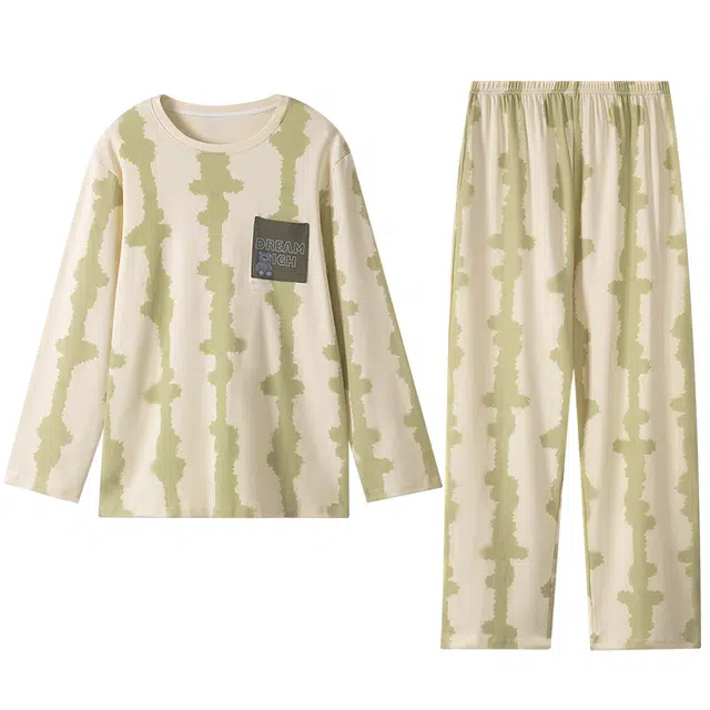 梦特娇 时尚简约纯棉家居服 卡通小口袋设计 亲肤柔软透气可外穿大码宽松凉感长袖长裤睡衣套装 男女同款 两件套 浅绿色