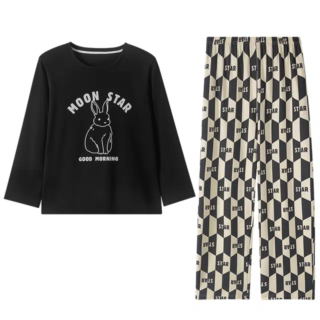 梦特娇 凉感亲肤纯棉长袖长裤家居服 卡通简约柔软舒适透气 青春活力可外穿睡衣套装 男女同款 两件套 黑色