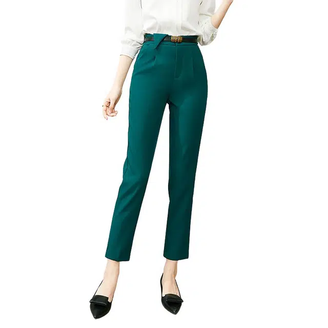 晚白 通勤简约高腰拉链直筒休闲裤 女款 蓝色